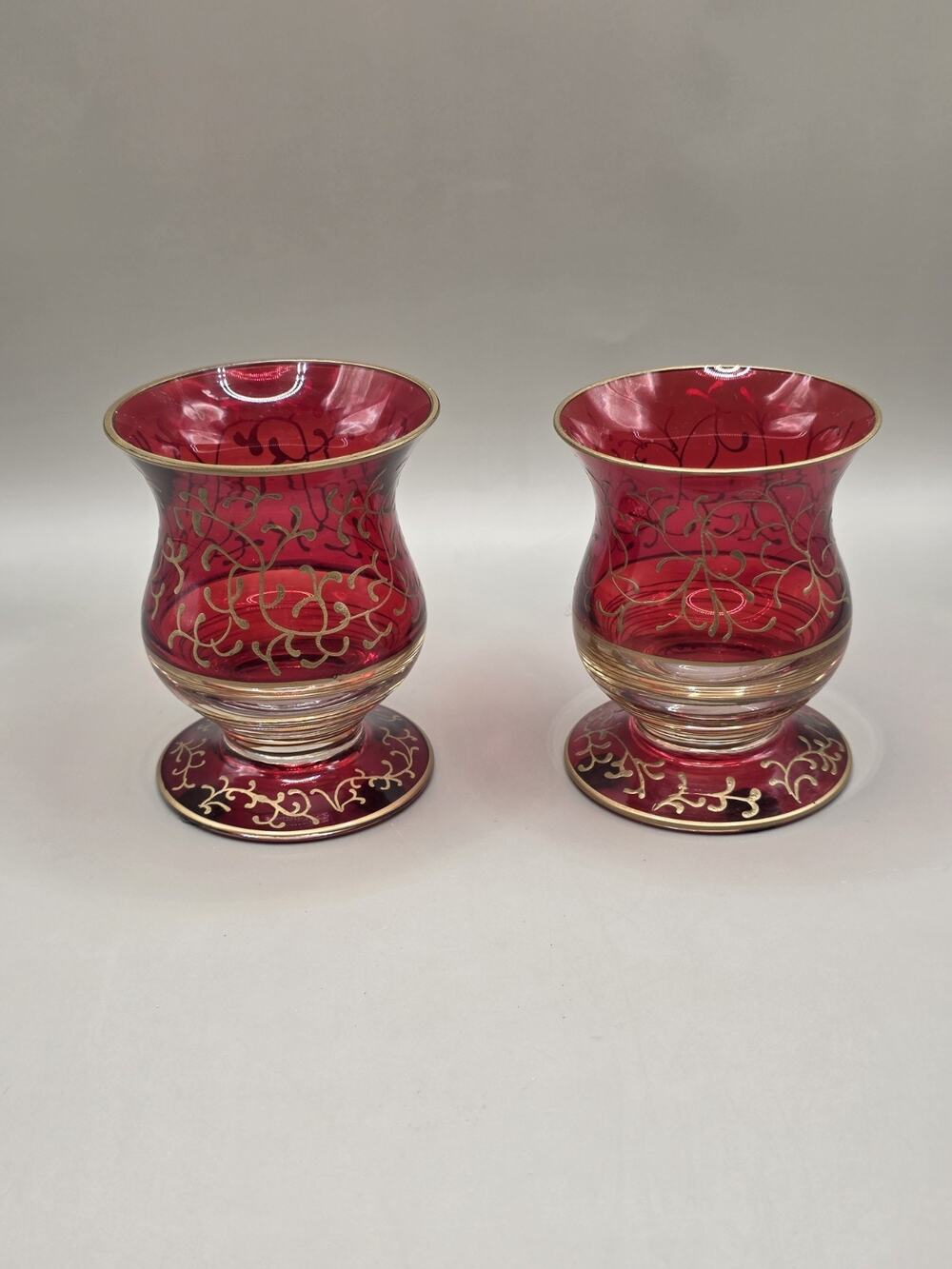 Vintage Bohemian Ruby Red Glass Vases Gold Scroll Filigree Set of 2 Mid Century